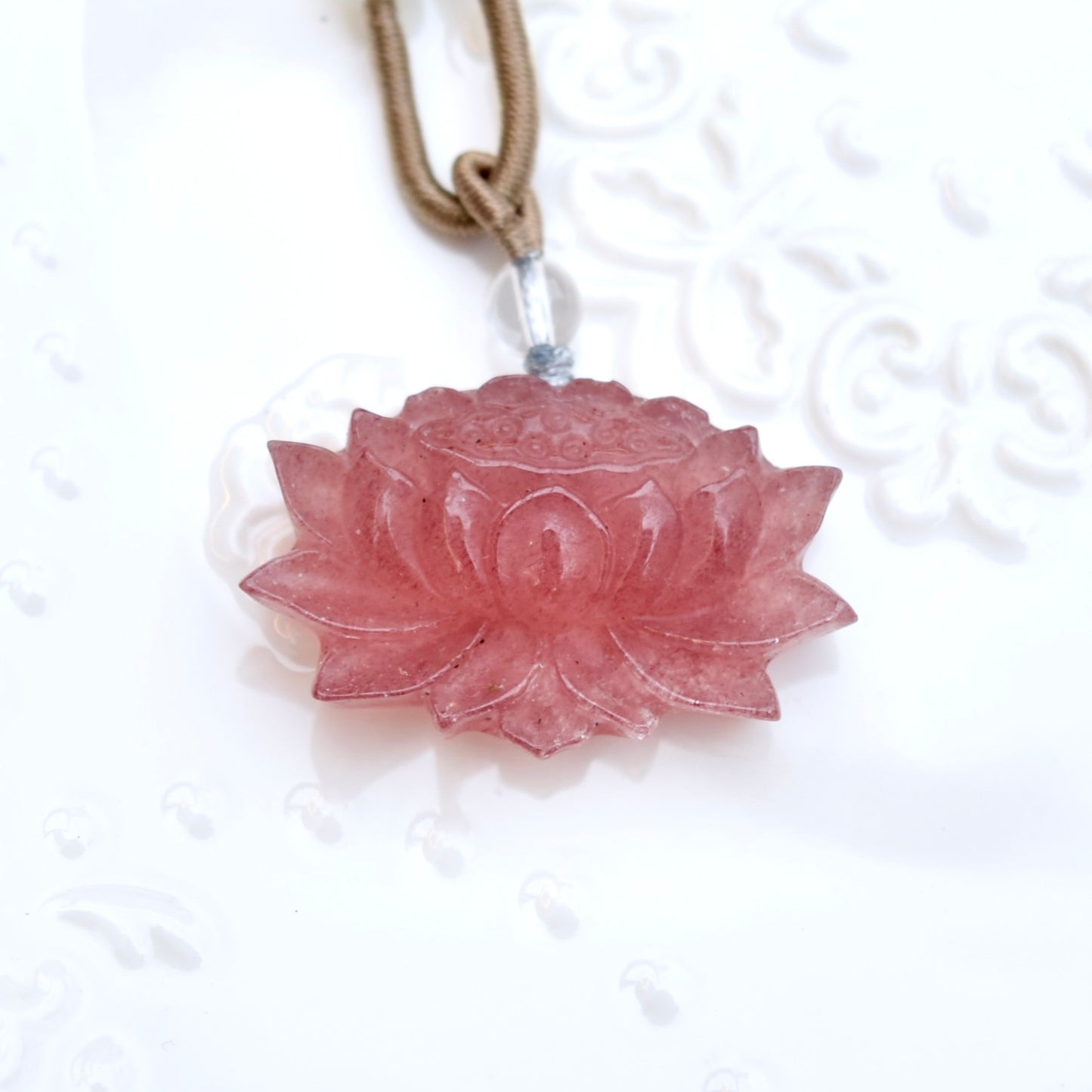 Red Lotus Pendant Rope Necklace - Strawberry Quartz Crystal