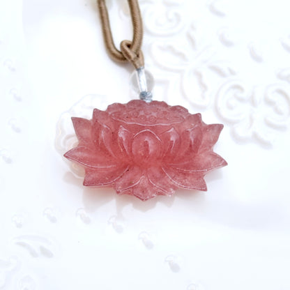 Red Lotus Pendant Rope Necklace - Strawberry Quartz Crystal
