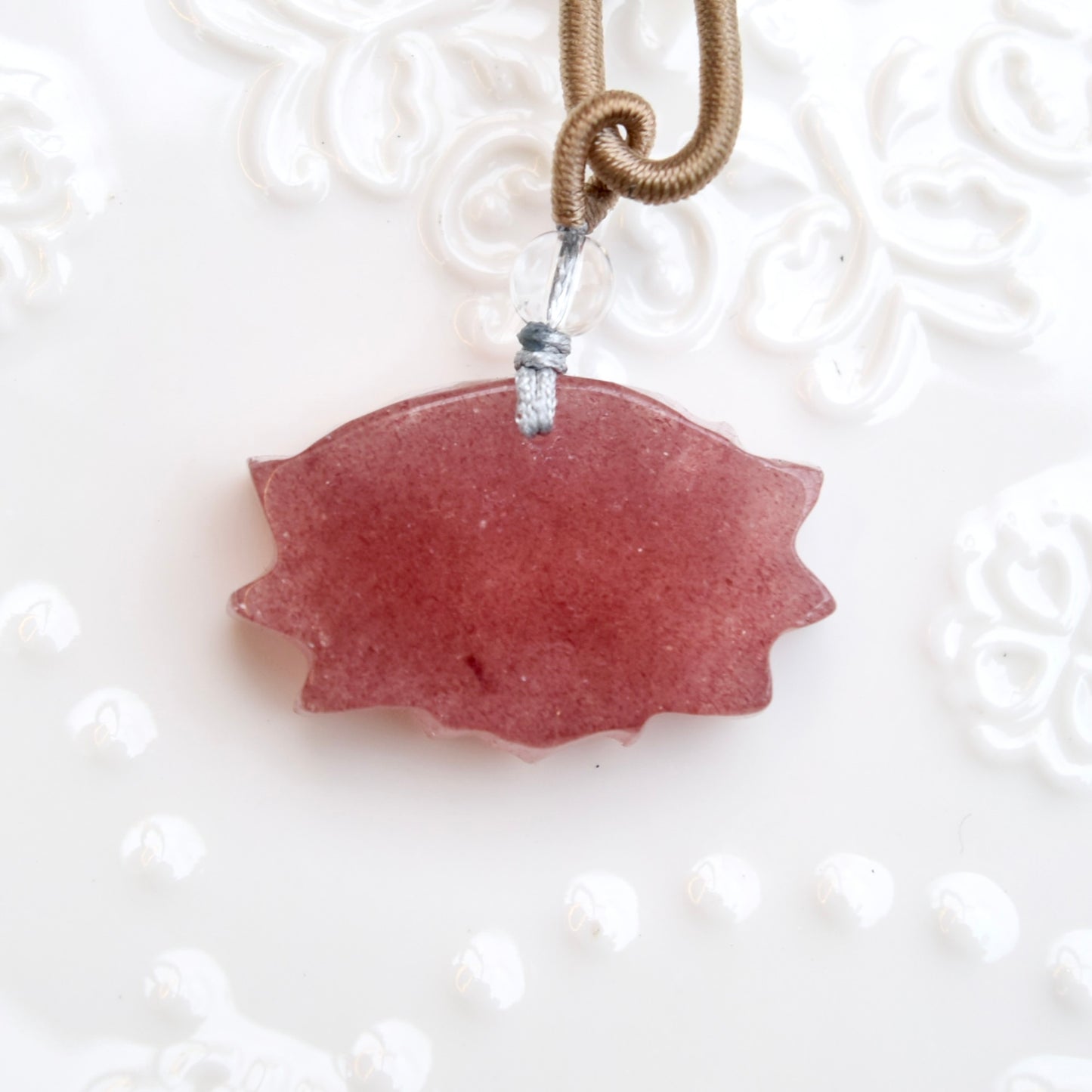 Red Lotus Pendant Rope Necklace - Strawberry Quartz Crystal