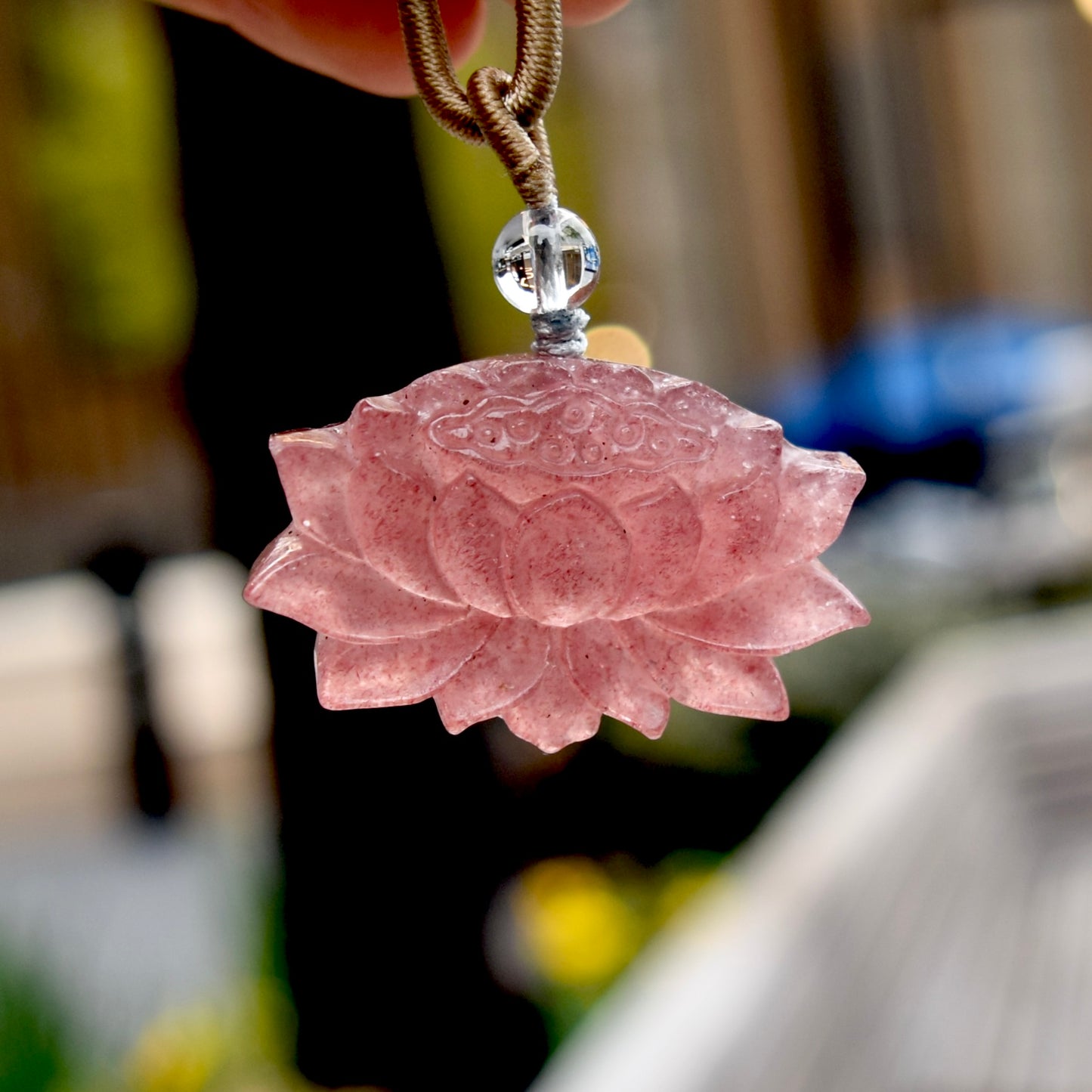 Red Lotus Pendant Rope Necklace - Strawberry Quartz Crystal