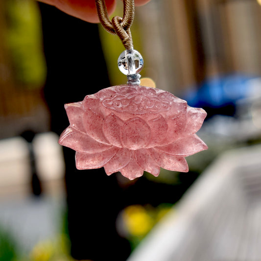 Red Lotus Pendant Rope Necklace - Strawberry Quartz Crystal
