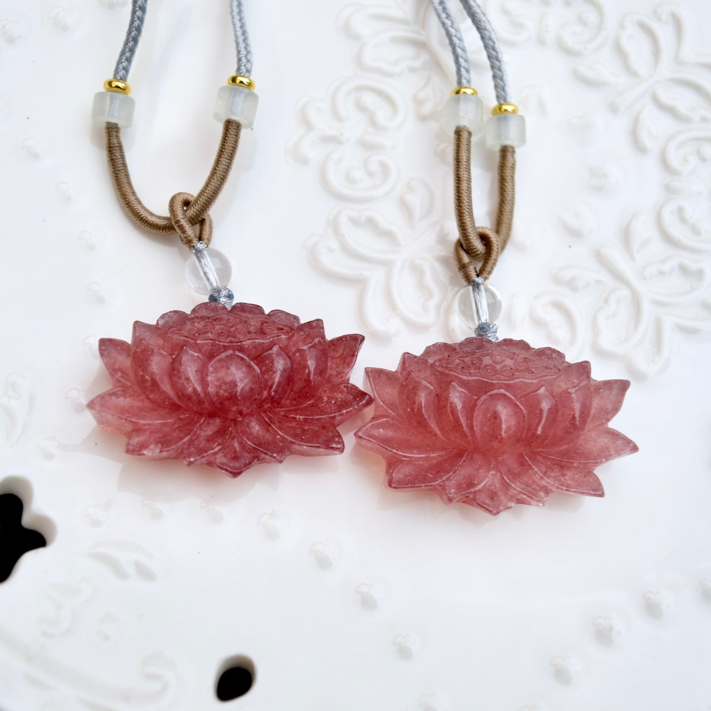 Red Lotus Pendant Rope Necklace - Strawberry Quartz Crystal