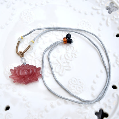 Red Lotus Pendant Rope Necklace - Strawberry Quartz Crystal