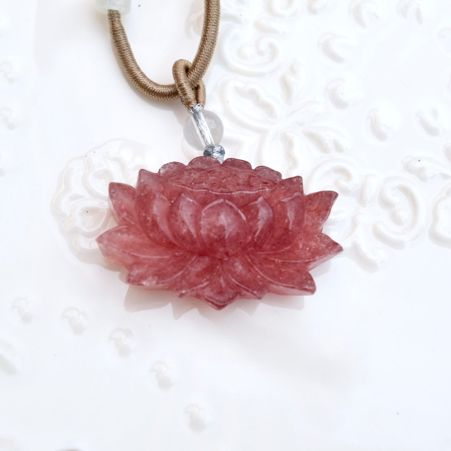 Red Lotus Pendant Rope Necklace - Strawberry Quartz Crystal