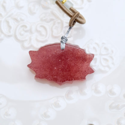 Red Lotus Pendant Rope Necklace - Strawberry Quartz Crystal