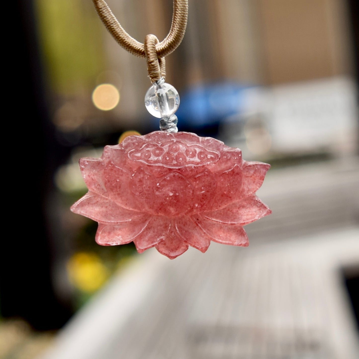 Red Lotus Pendant Rope Necklace - Strawberry Quartz Crystal