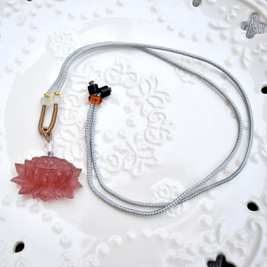 Red Lotus Pendant Rope Necklace - Strawberry Quartz Crystal