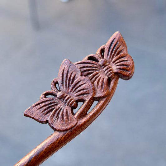 Couple Butterfly Double Sided Carved Wood Hair Stick - Chinese Hairpin