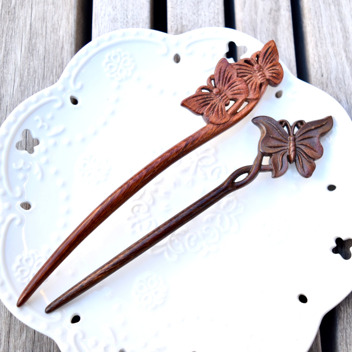 Couple Butterfly Double Sided Carved Wood Hair Stick - Chinese Hairpin