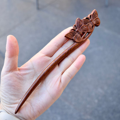 Couple Butterfly Double Sided Carved Wood Hair Stick - Chinese Hairpin