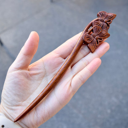 Couple Butterfly Double Sided Carved Wood Hair Stick - Chinese Hairpin