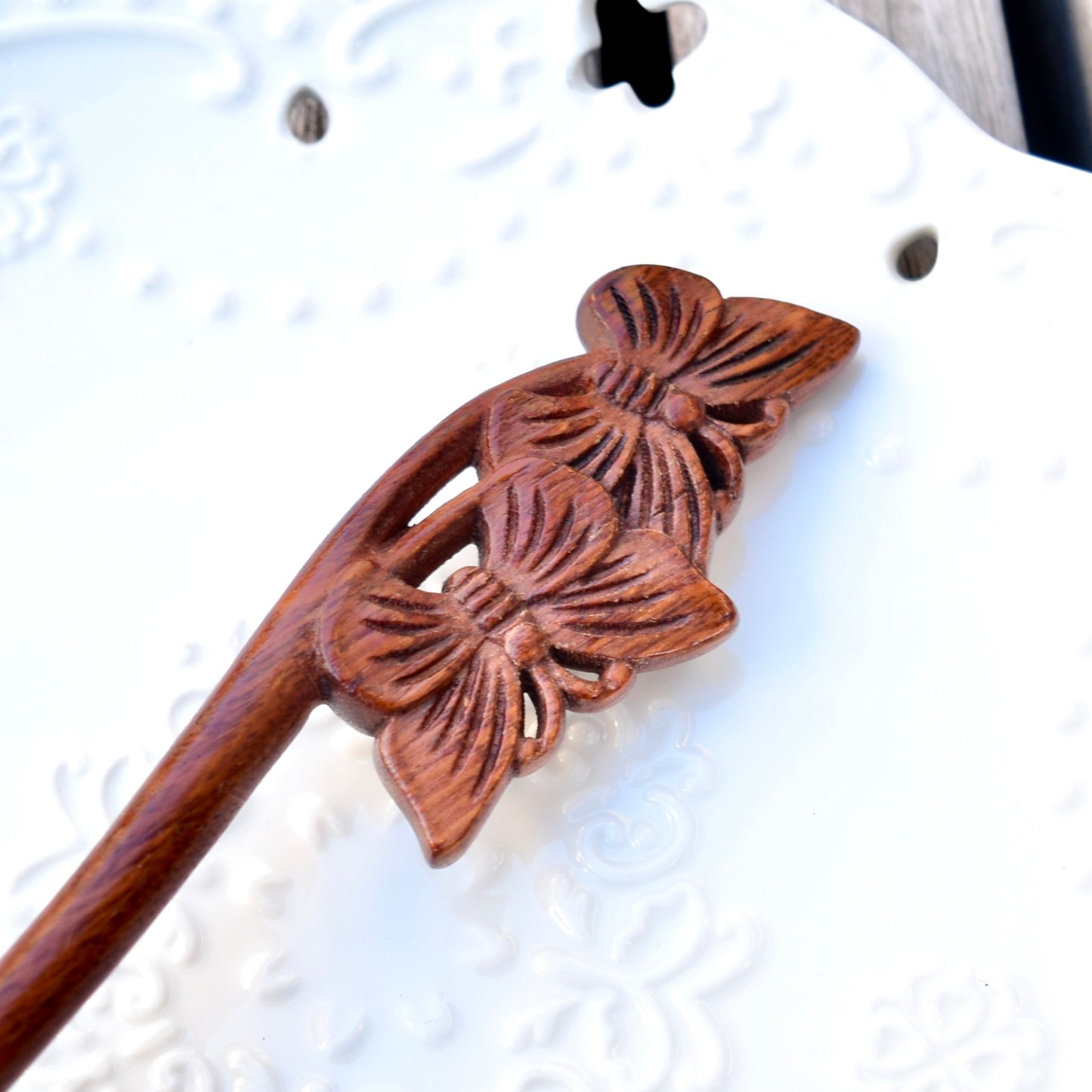 Couple Butterfly Double Sided Carved Wood Hair Stick - Chinese Hairpin
