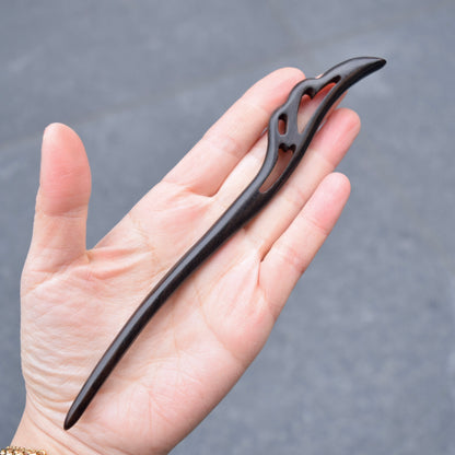 Feather Carved Black Wood Hair Stick - Chinese Hairpin