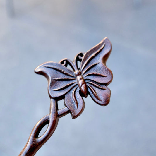 Single Butterfly Double Sided Carved Wood Hair Stick - Chinese Hairpin
