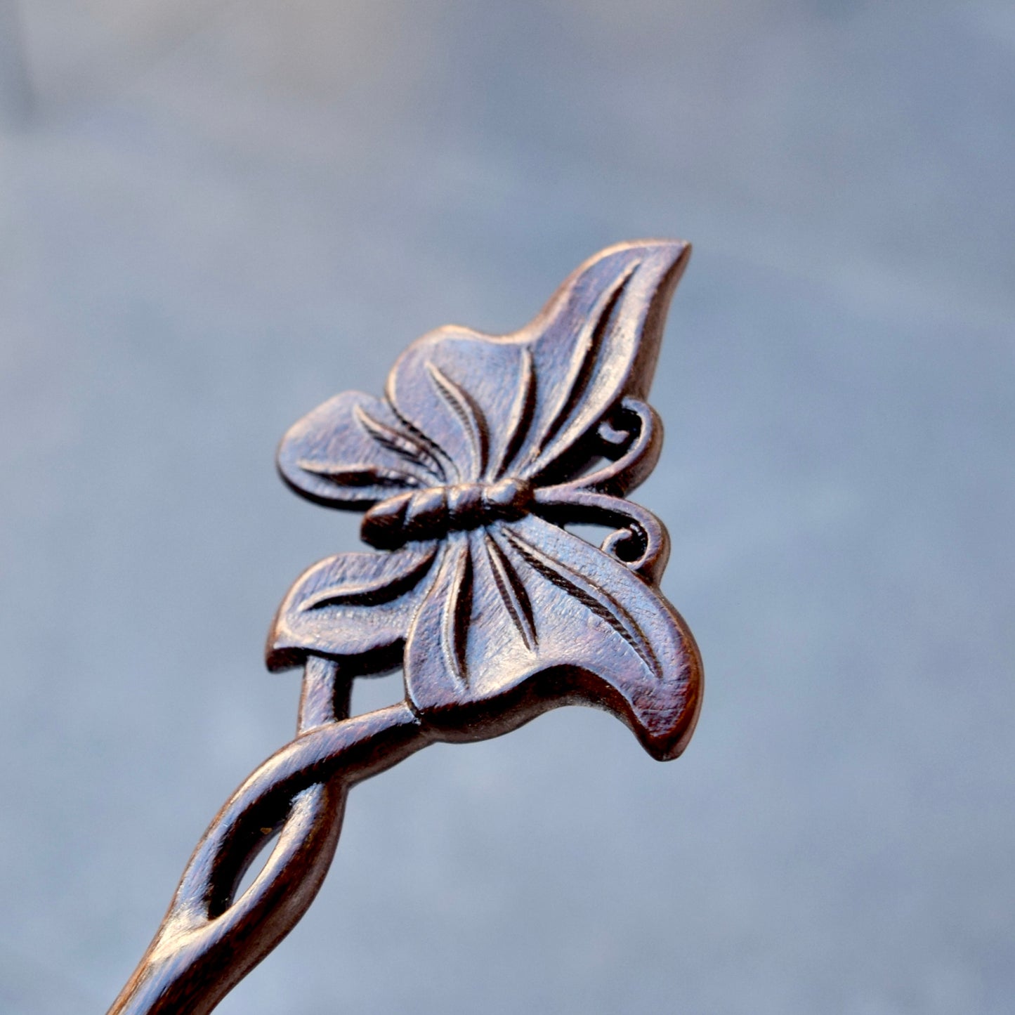 Single Butterfly Double Sided Carved Wood Hair Stick - Chinese Hairpin