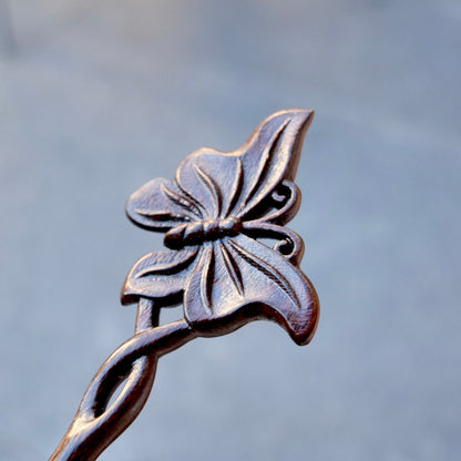 Single Butterfly Double Sided Carved Wood Hair Stick - Chinese Hairpin