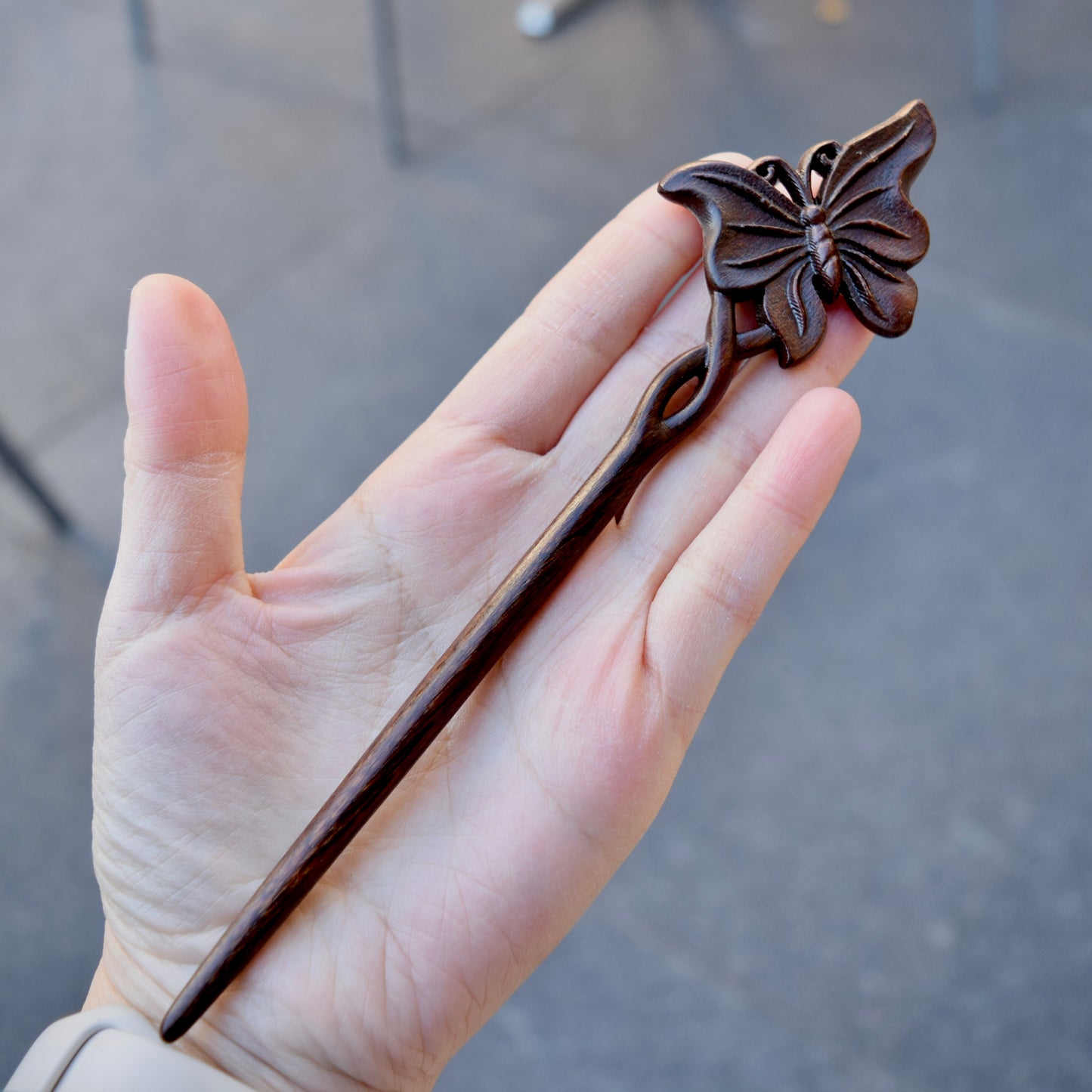 Single Butterfly Double Sided Carved Wood Hair Stick - Chinese Hairpin