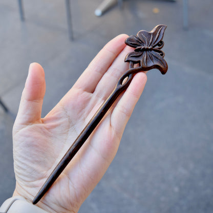 Single Butterfly Double Sided Carved Wood Hair Stick - Chinese Hairpin