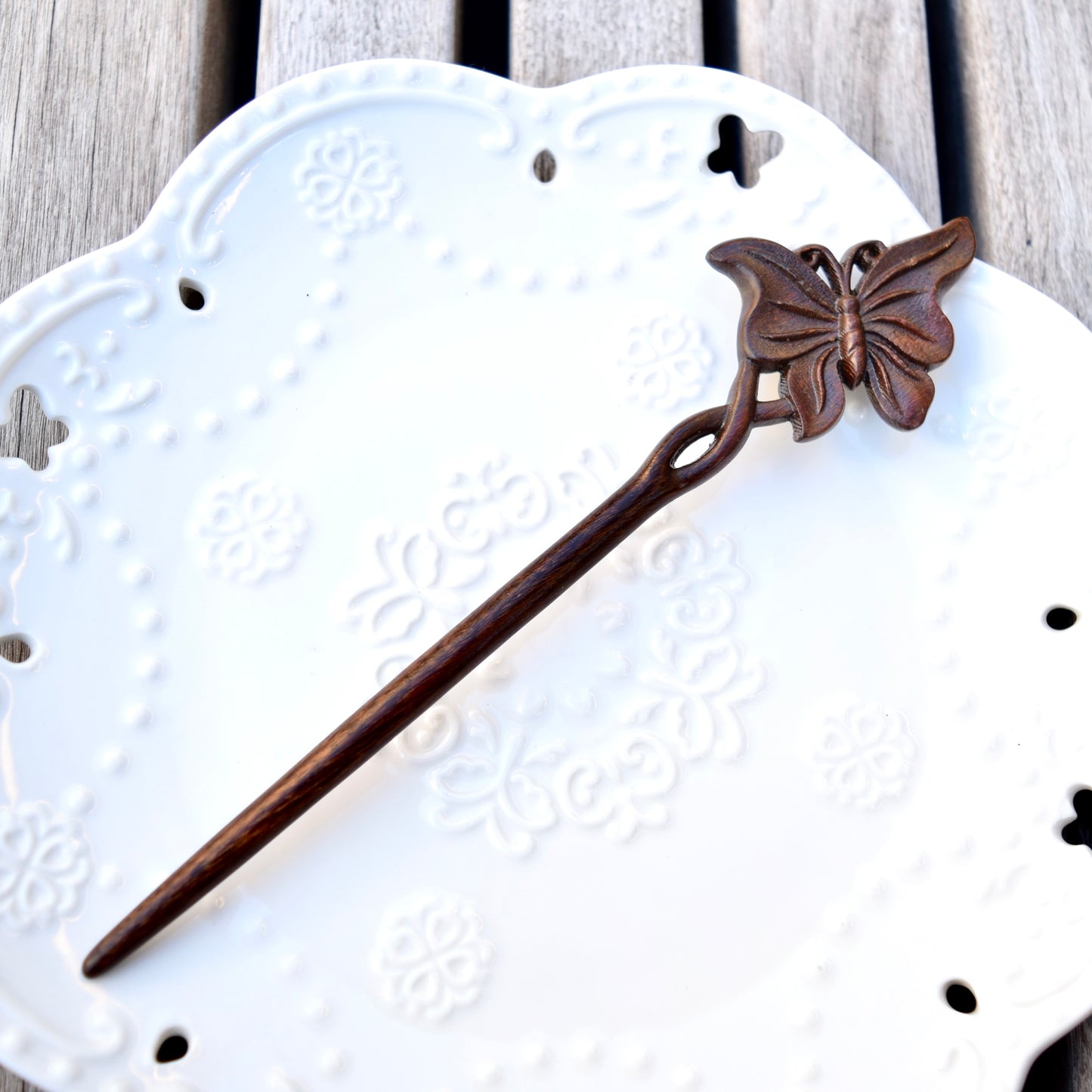 Single Butterfly Double Sided Carved Wood Hair Stick - Chinese Hairpin