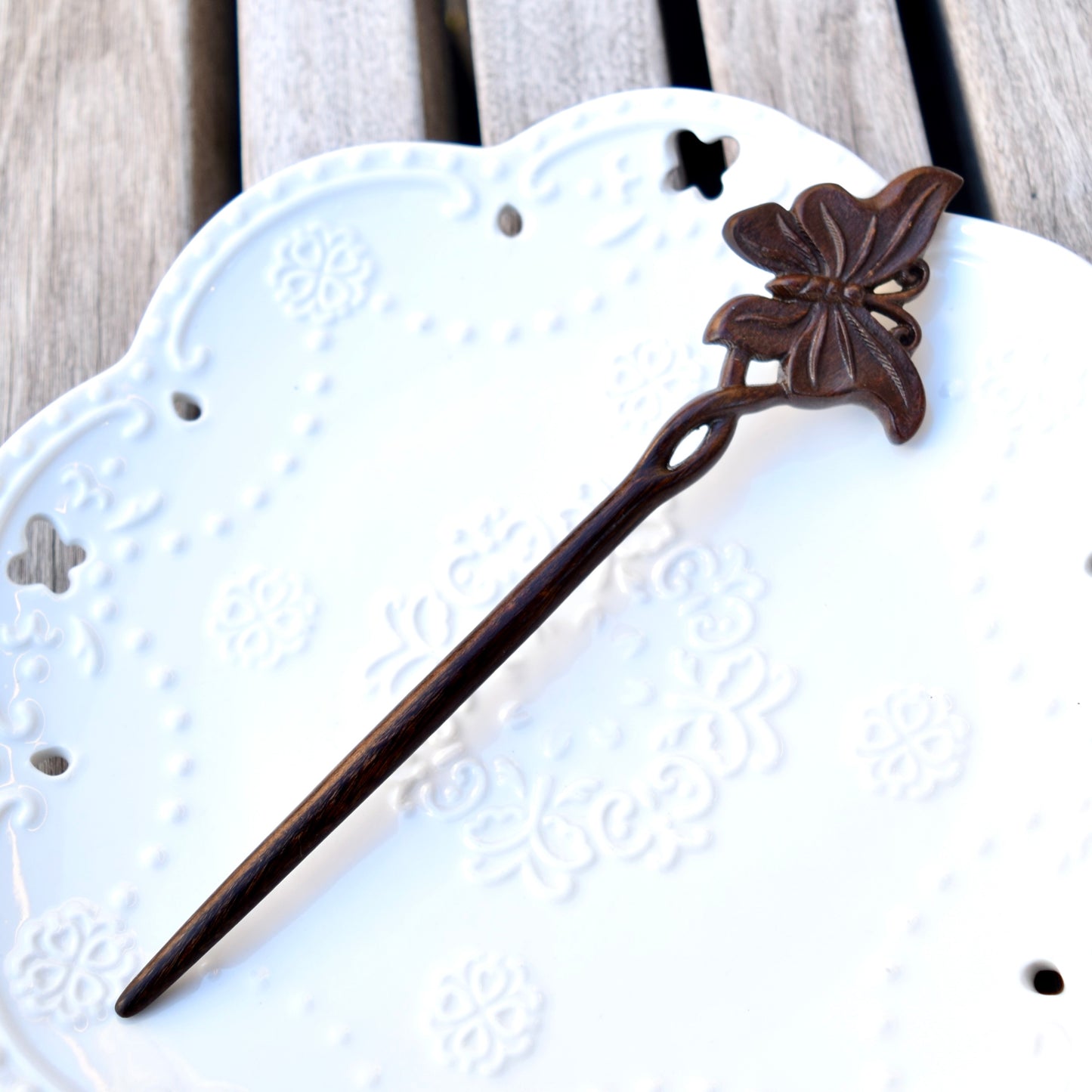 Single Butterfly Double Sided Carved Wood Hair Stick - Chinese Hairpin