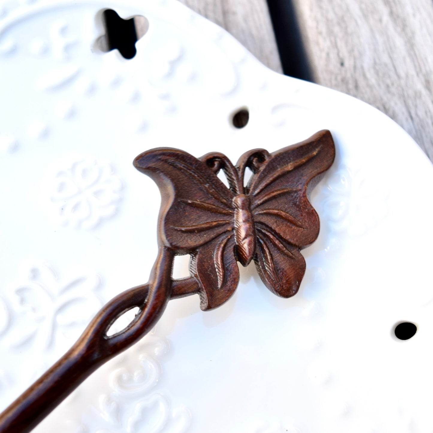 Single Butterfly Double Sided Carved Wood Hair Stick - Chinese Hairpin