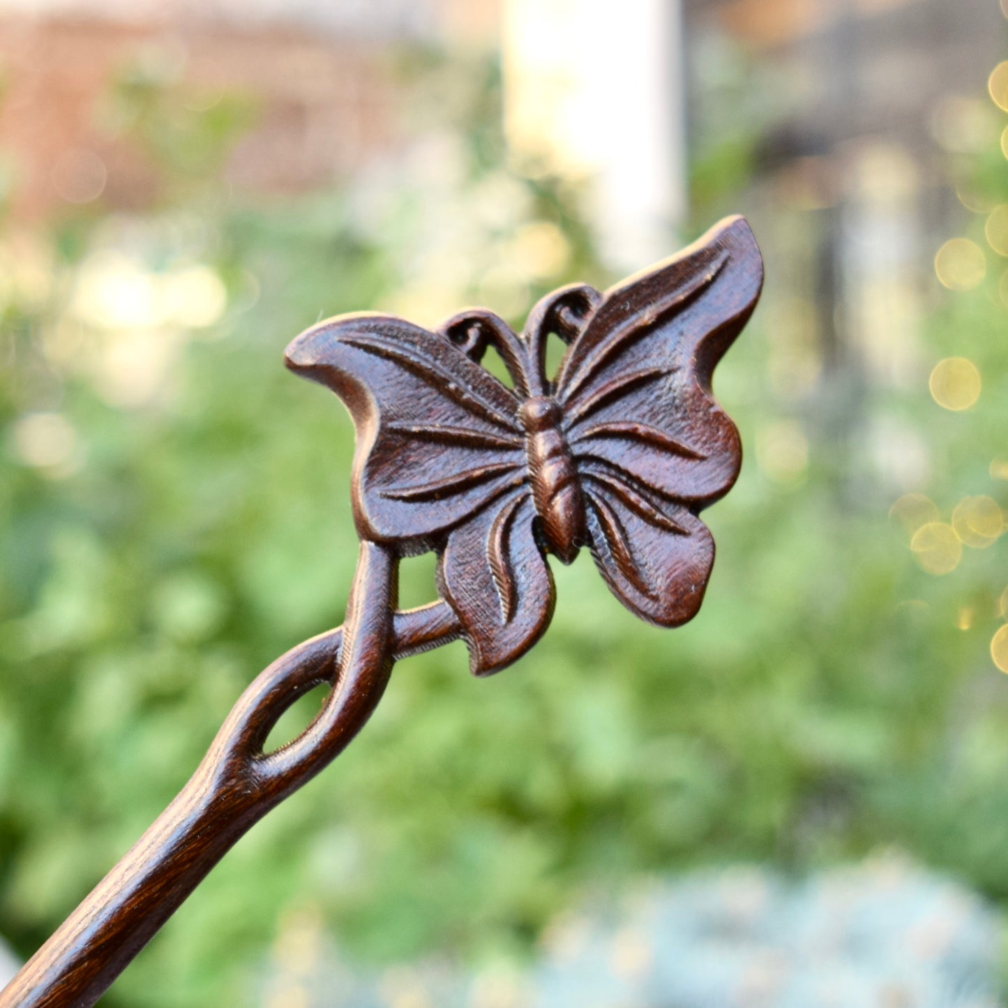 Single Butterfly Double Sided Carved Wood Hair Stick - Chinese Hairpin