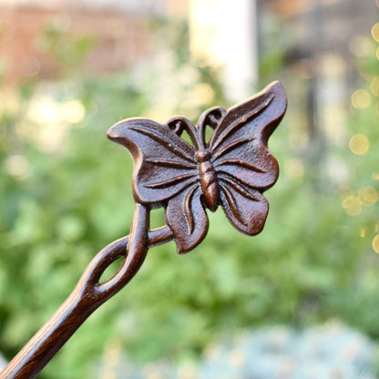 Single Butterfly Double Sided Carved Wood Hair Stick - Chinese Hairpin