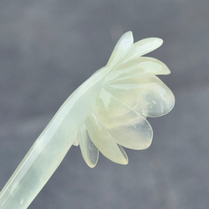 Green Icy Peony Carved Hairpin - Serpentine Jade Hair Stick