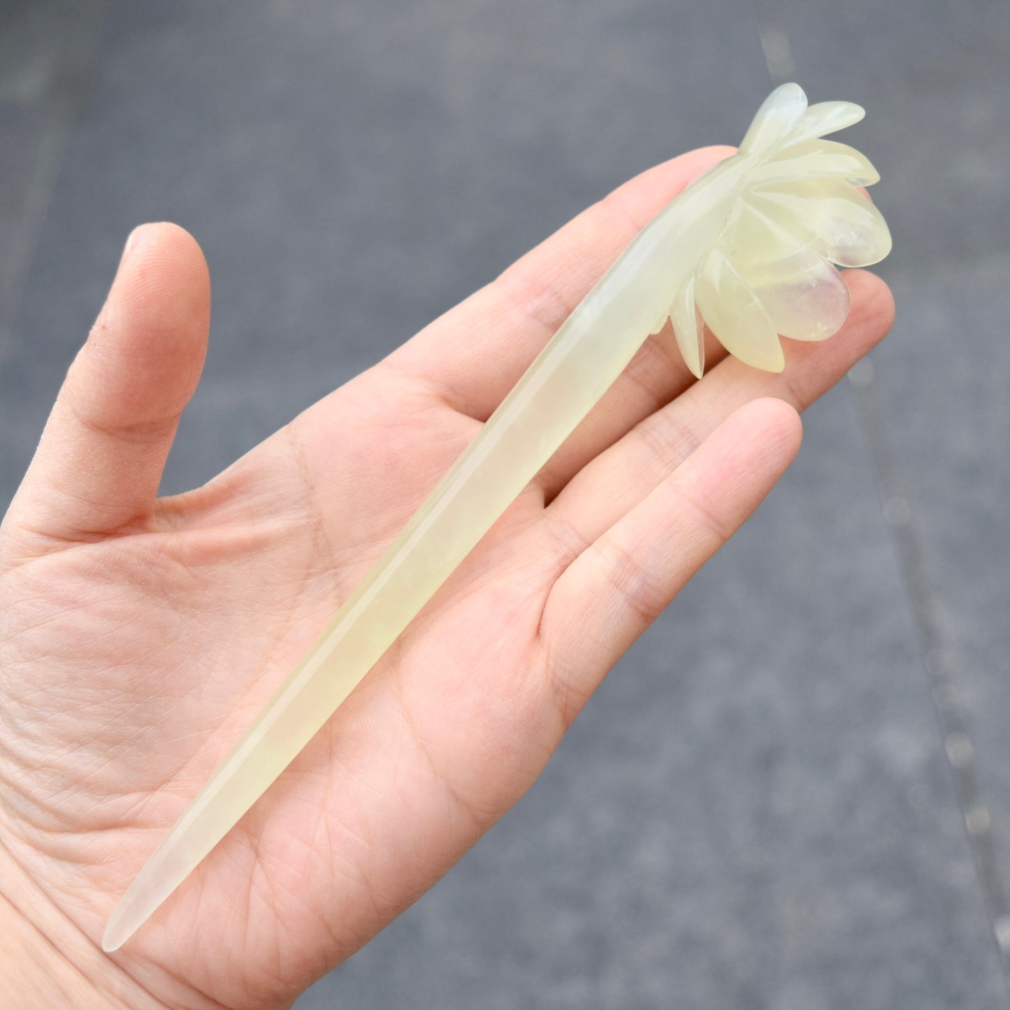 Green Icy Peony Carved Hairpin - Serpentine Jade Hair Stick