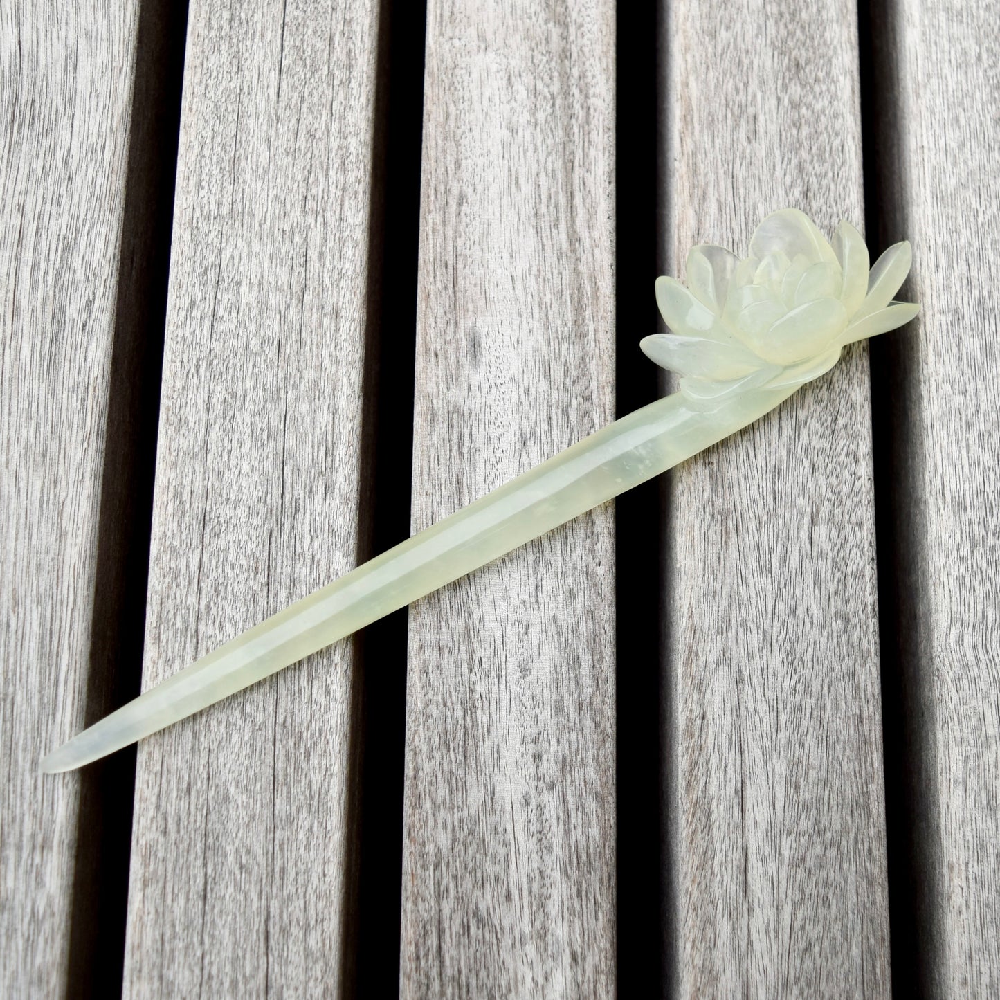 Green Icy Peony Carved Hairpin - Serpentine Jade Hair Stick