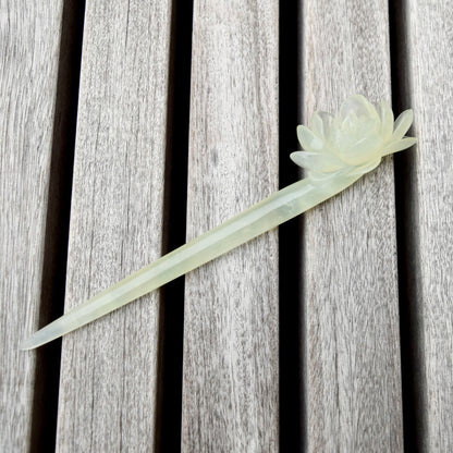 Green Icy Peony Carved Hairpin - Serpentine Jade Hair Stick