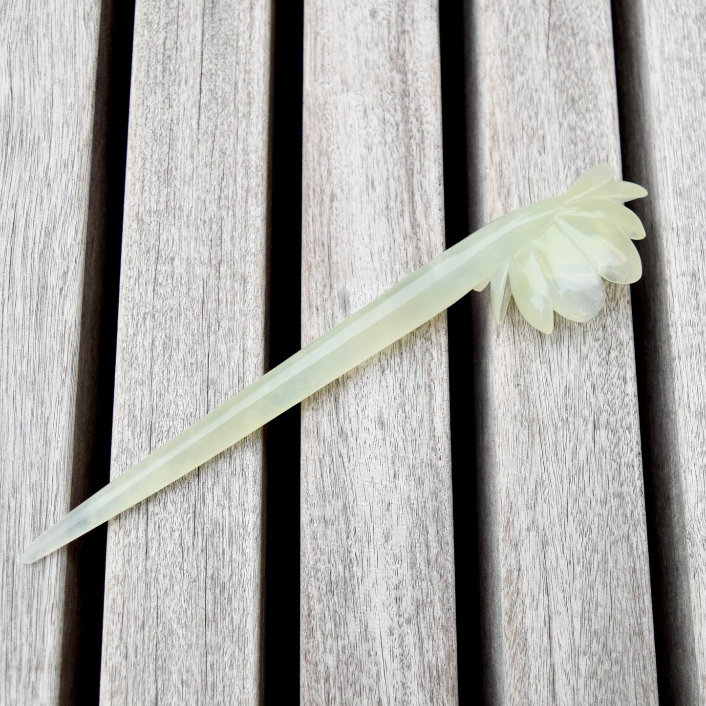 Green Icy Peony Carved Hairpin - Serpentine Jade Hair Stick