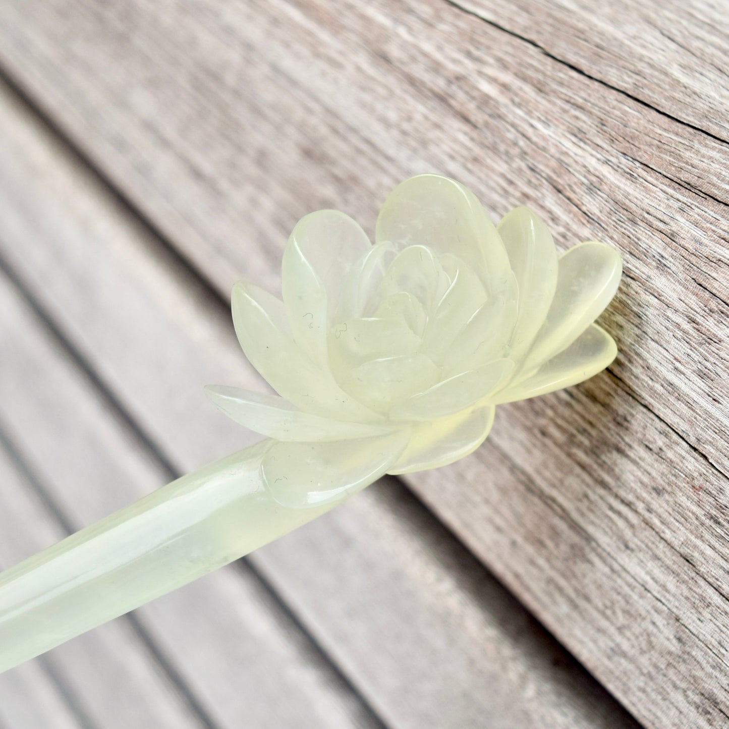 Green Icy Peony Carved Hairpin - Serpentine Jade Hair Stick
