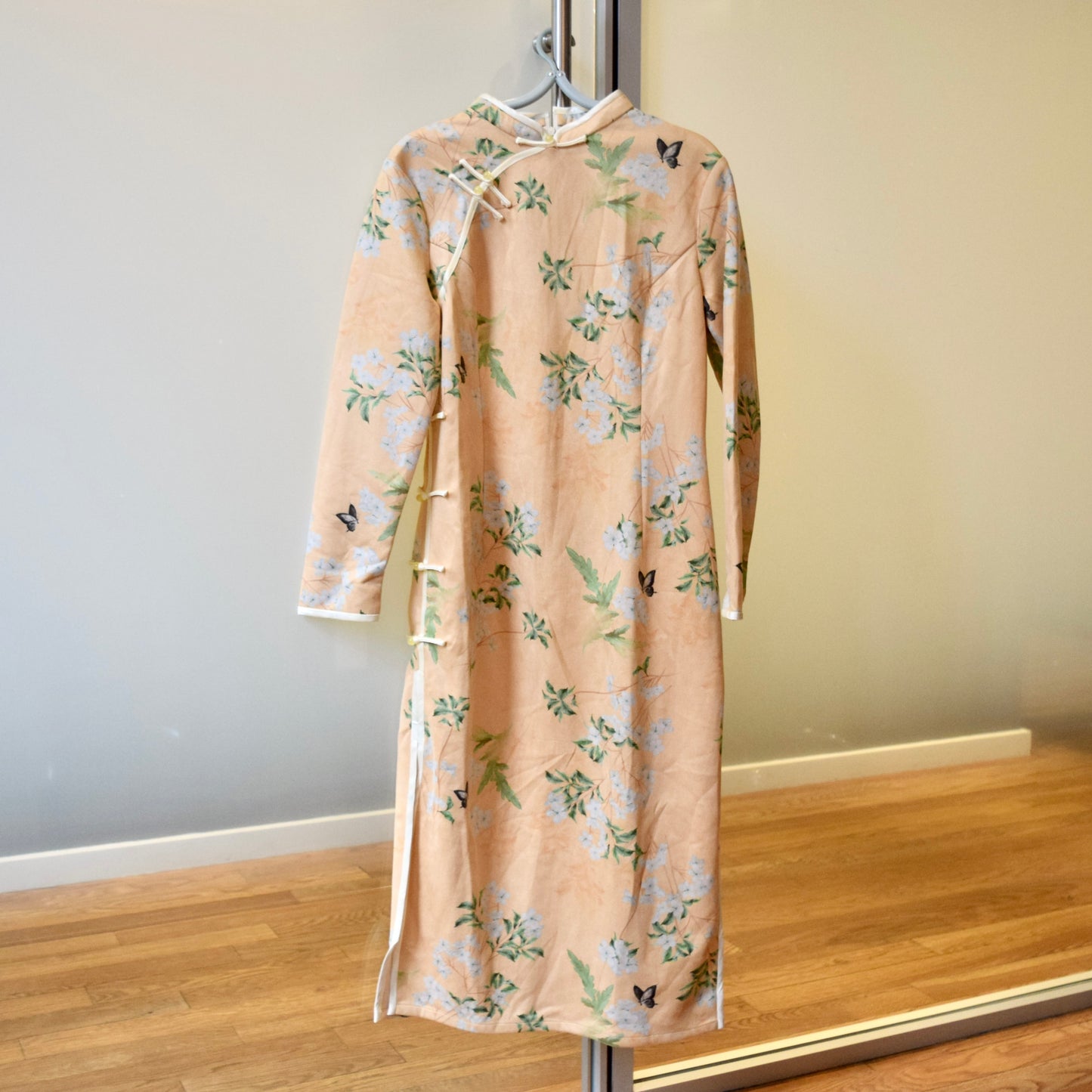 Yellow Flora Butterfly Qipao Midi Dress - Faux Suedue Chinese Cheongsam