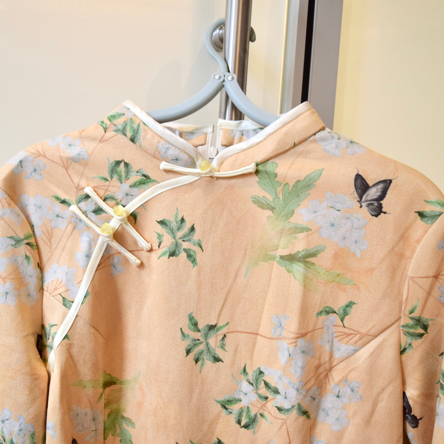 Yellow Flora Butterfly Qipao Midi Dress - Faux Suedue Chinese Cheongsam