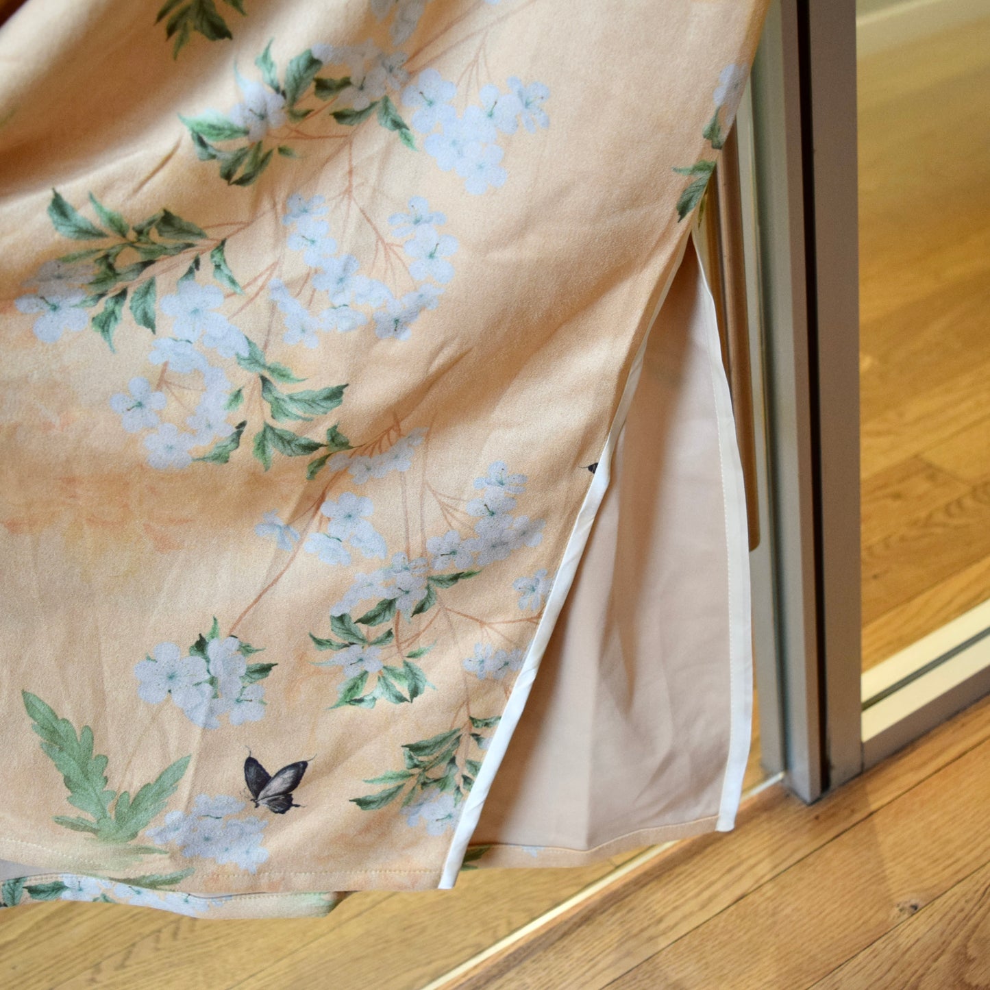 Yellow Flora Butterfly Qipao Midi Dress - Faux Suedue Chinese Cheongsam