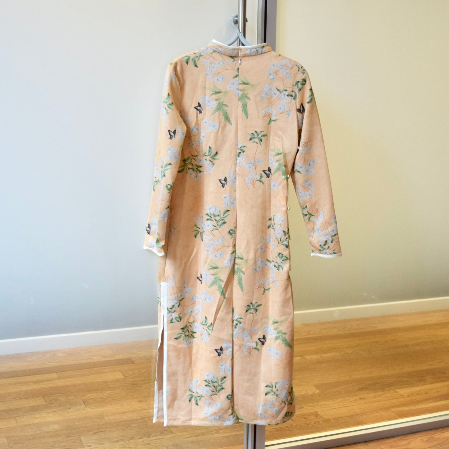 Yellow Flora Butterfly Qipao Midi Dress - Faux Suedue Chinese Cheongsam