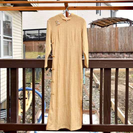 Yellow Flora Button Knitted Stretchy Qipao Midi Dress - Chinese Cheongsam