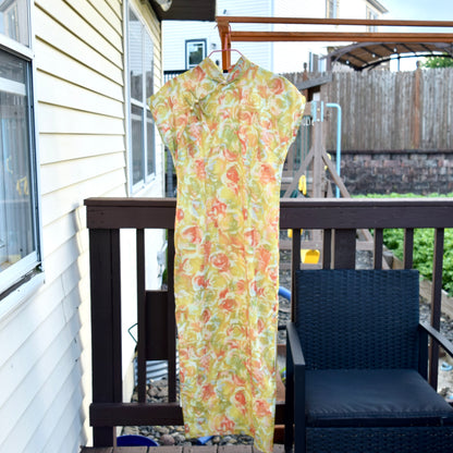 Yellow Rose Printed Qipao Long Dress - Chinese Traditional Cheongsam