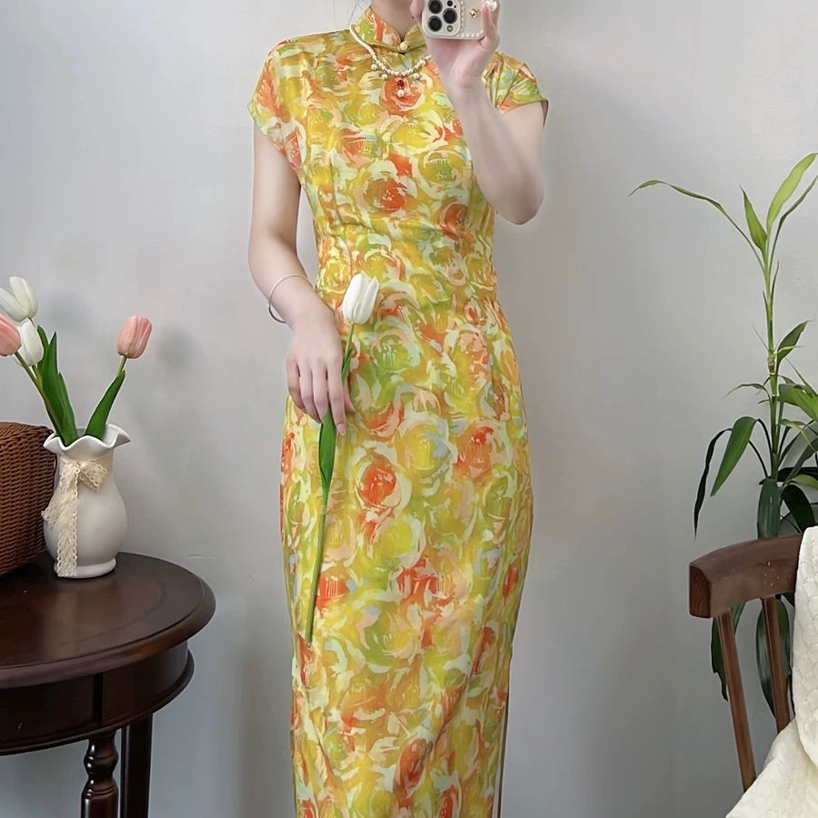 Yellow Rose Printed Qipao Long Dress - Chinese Traditional Cheongsam