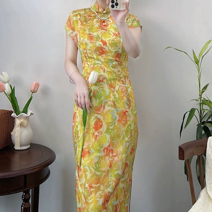 Yellow Rose Printed Qipao Long Dress - Chinese Traditional Cheongsam