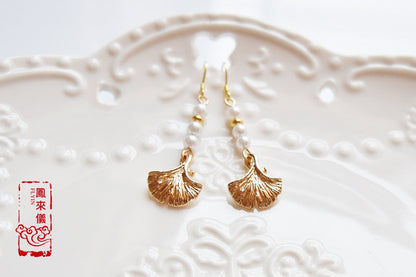 Ginkgo Leaf Shell Pearl Chinese Earrings - Gold Pearl Jewelry
