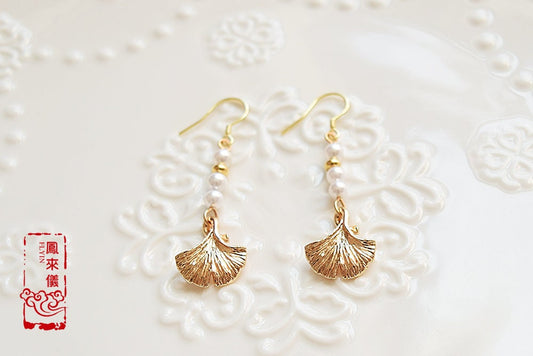 Ginkgo Leaf Shell Pearl Chinese Earrings - Gold Pearl Jewelry