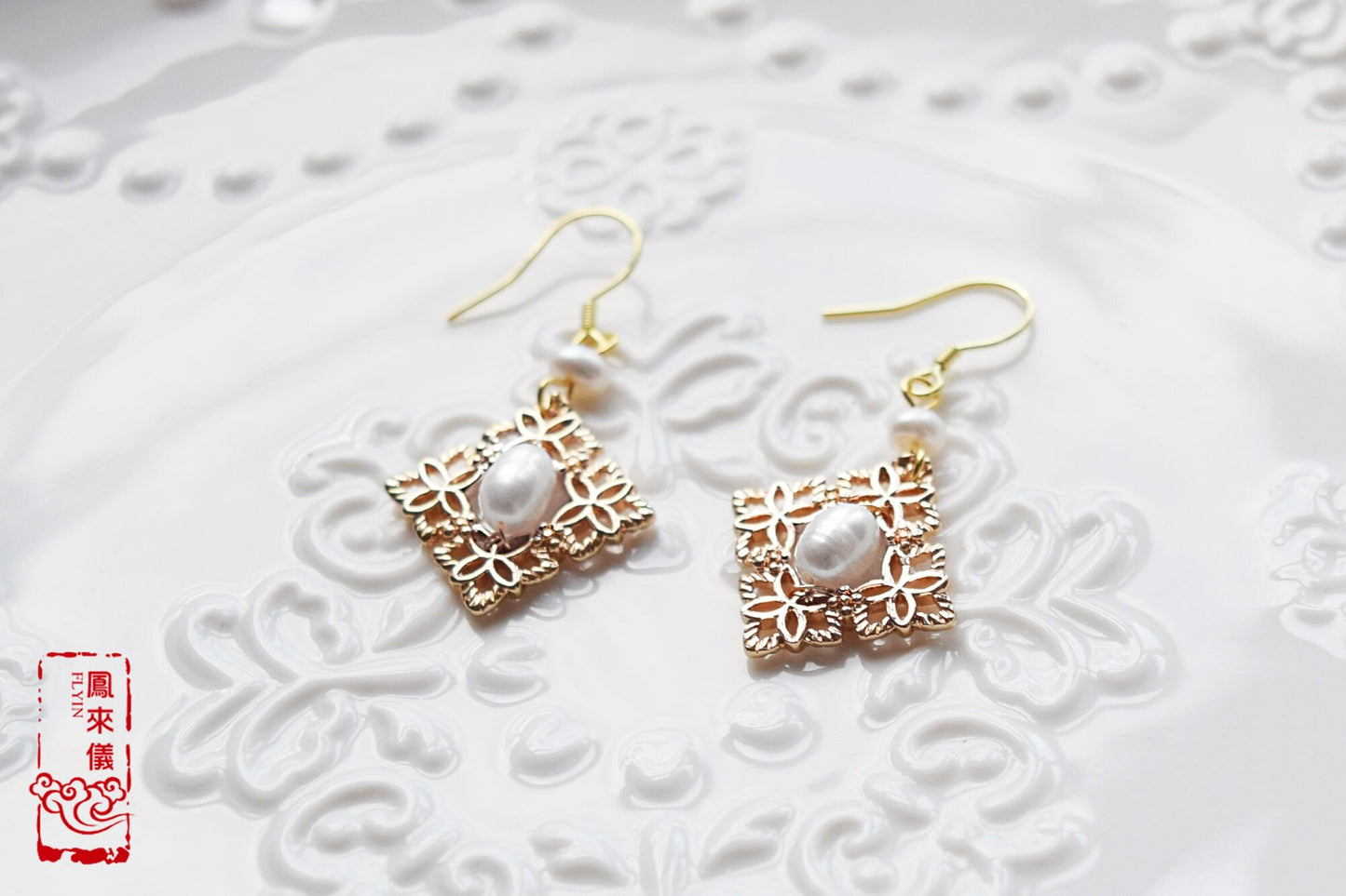 Chinese Window Lattice Earrings, Freshwater Pearl, Gold-Plated