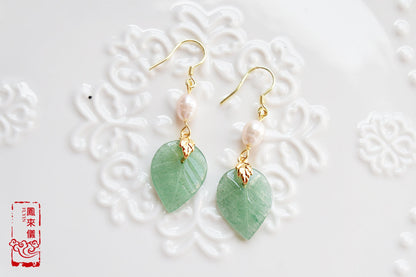 Leaf Jade Green Jade Freshwater Pearl Earrings Chinese Jewelry - Gold Jade Jewerly