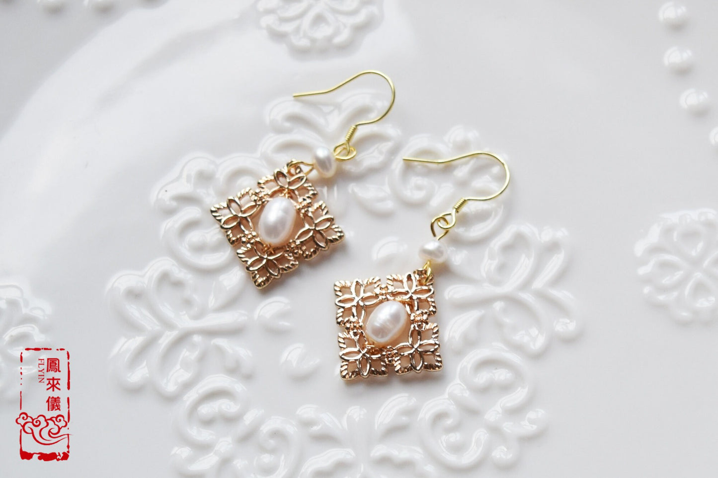 Chinese Window Lattice Earrings, Freshwater Pearl, Gold-Plated