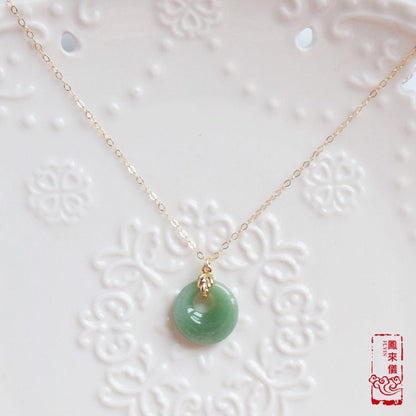 Jade Peace Buckle Necklace- Green Aventurine / White Quartz Jade - Stainless Steel Chain