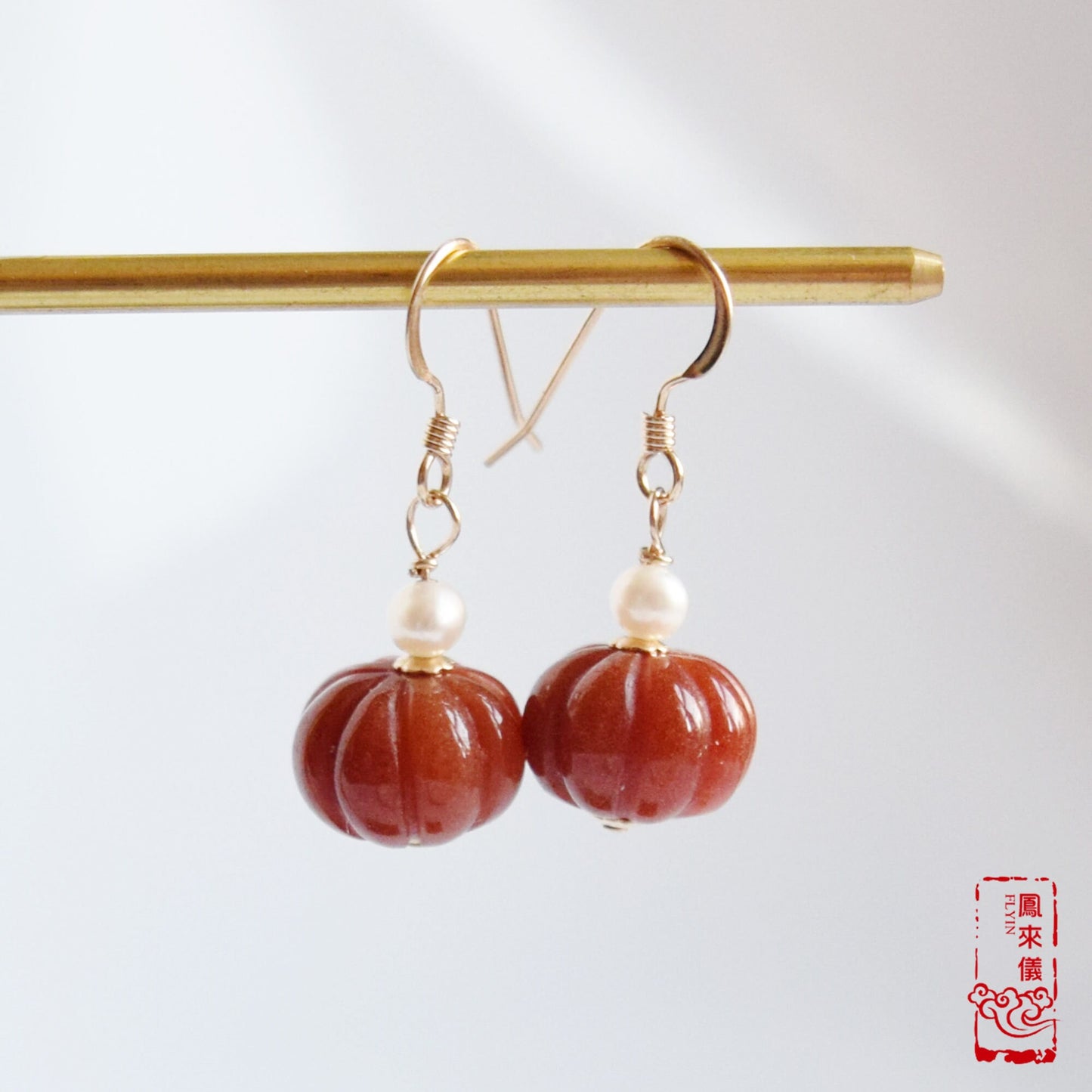 Pumpkin Jade Pearl Earrings - Gold Pearl Chinese Jewelry