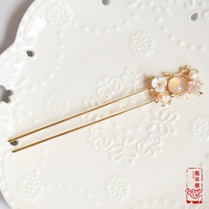Chinese Garland Hairpin - White& Rose - Flower Hair Stick