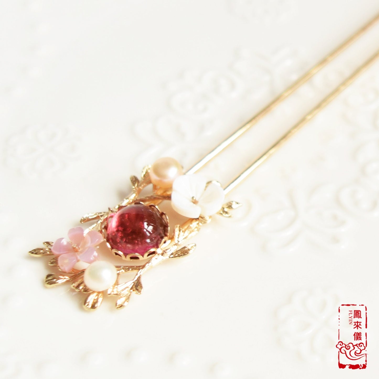 Chinese Garland Hairpin - White& Rose - Flower Hair Stick
